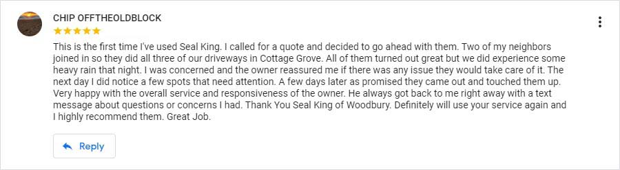 Seal King Customer Google My Business Review from 6/1/2018