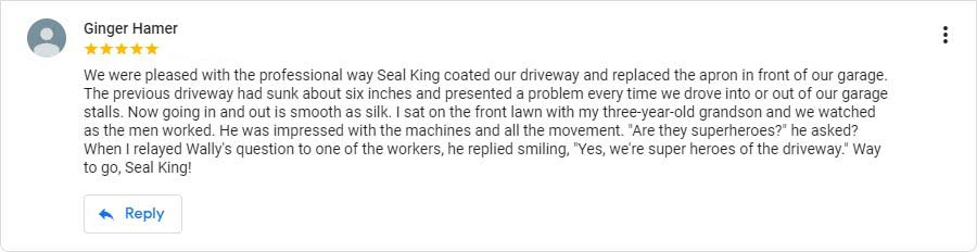 Seal King Customer Google My Business Review from 8/8/2018