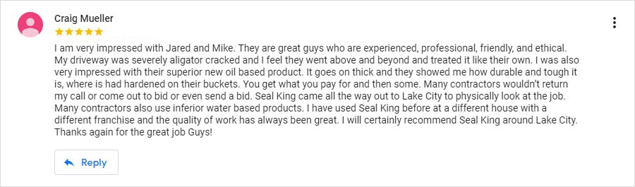 Seal King Customer Google My Business Review from 9/12/2018