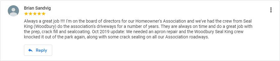 Seal King Customer Google My Business Review from 10/1/2019