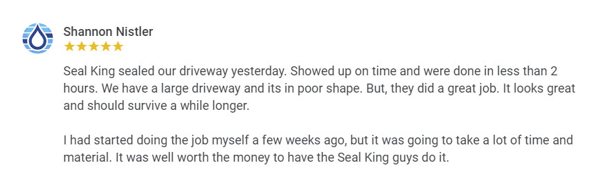 Seal King Customer Google My Business Review from 09/01/2022
